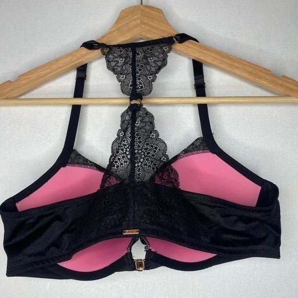 PINK VICTORIA SECRET BLACK LACE PADDED BRA WITH PINK LINING - Picture 6 of 6